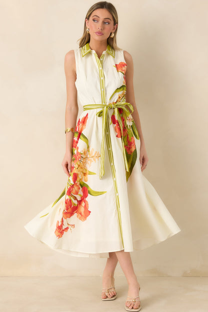 Paradise Garden Ivory Multi Cotton Floral Button Down Maxi Dress