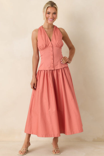 In the Warm Breeze Coral Orange Cotton Structured Bodice Sleeveless Midi Dress