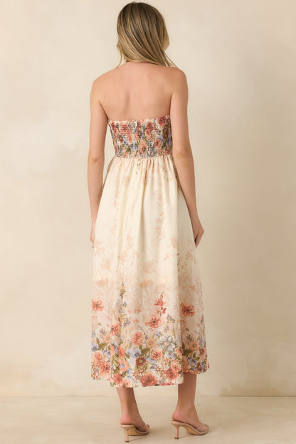 Gathered in Grace Pink Multi Floral Cotton Strapless Midi Dress