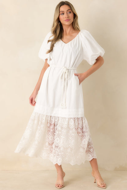 Je T'aime Toujours White Cotton & Gathered Lace Maxi Dress