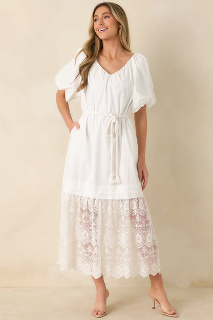 Je T'aime Toujours White Cotton & Gathered Lace Maxi Dress