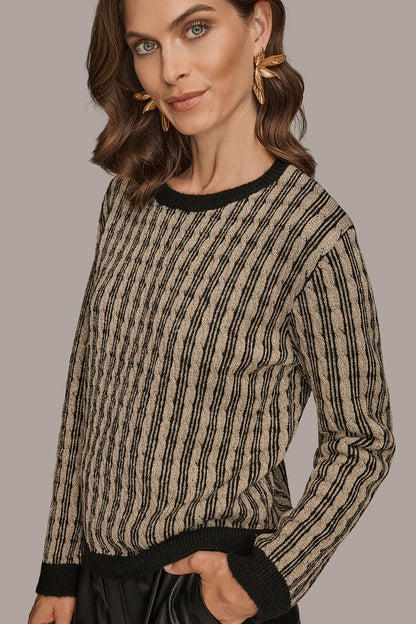 METALLIC TWO-TONE CABLE-KNIT SWEATER