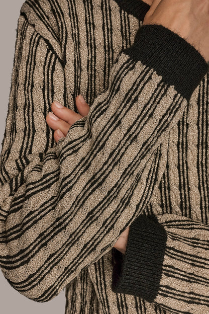 METALLIC TWO-TONE CABLE-KNIT SWEATER