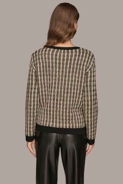 METALLIC TWO-TONE CABLE-KNIT SWEATER