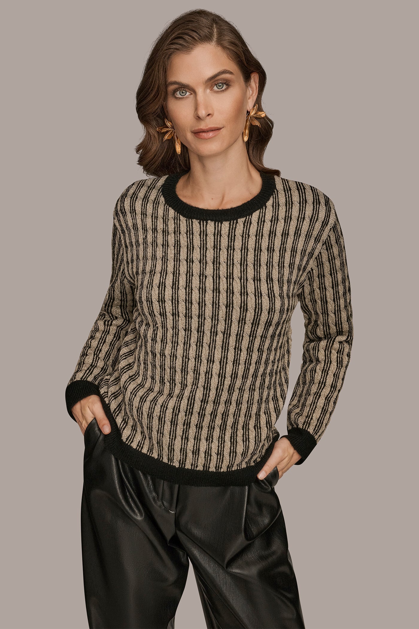 METALLIC TWO-TONE CABLE-KNIT SWEATER