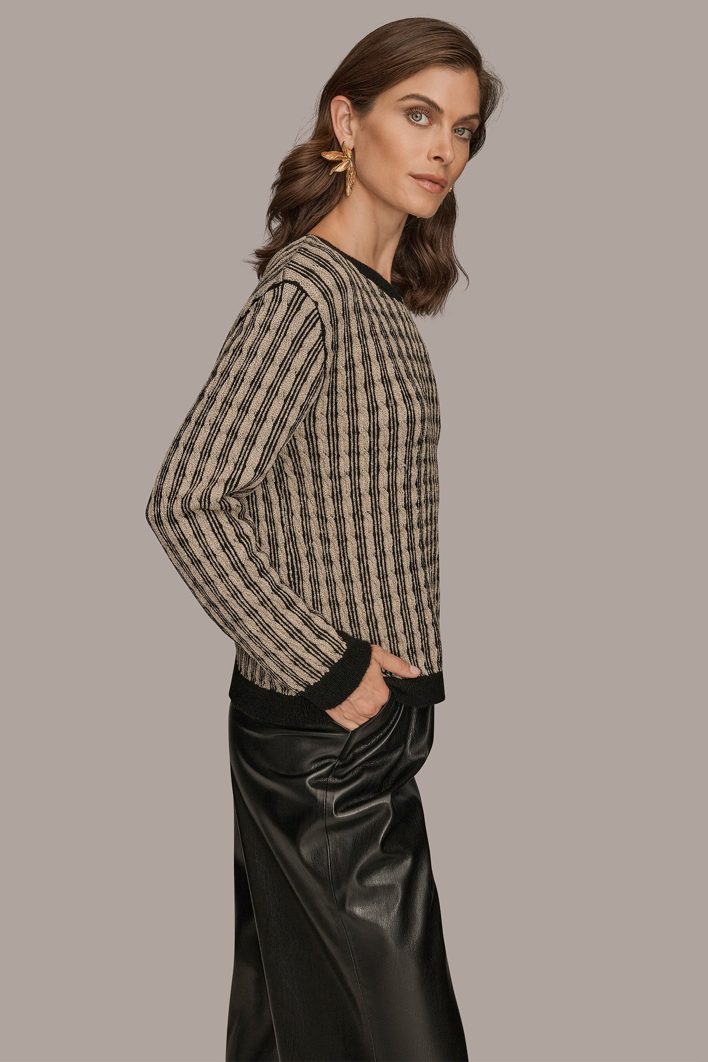 METALLIC TWO-TONE CABLE-KNIT SWEATER