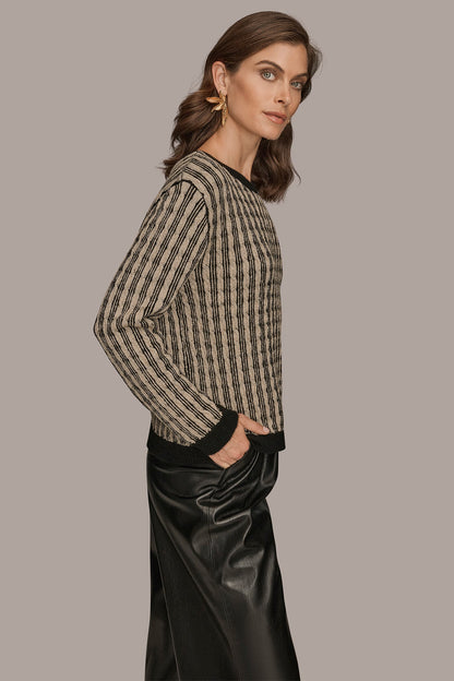 METALLIC TWO-TONE CABLE-KNIT SWEATER