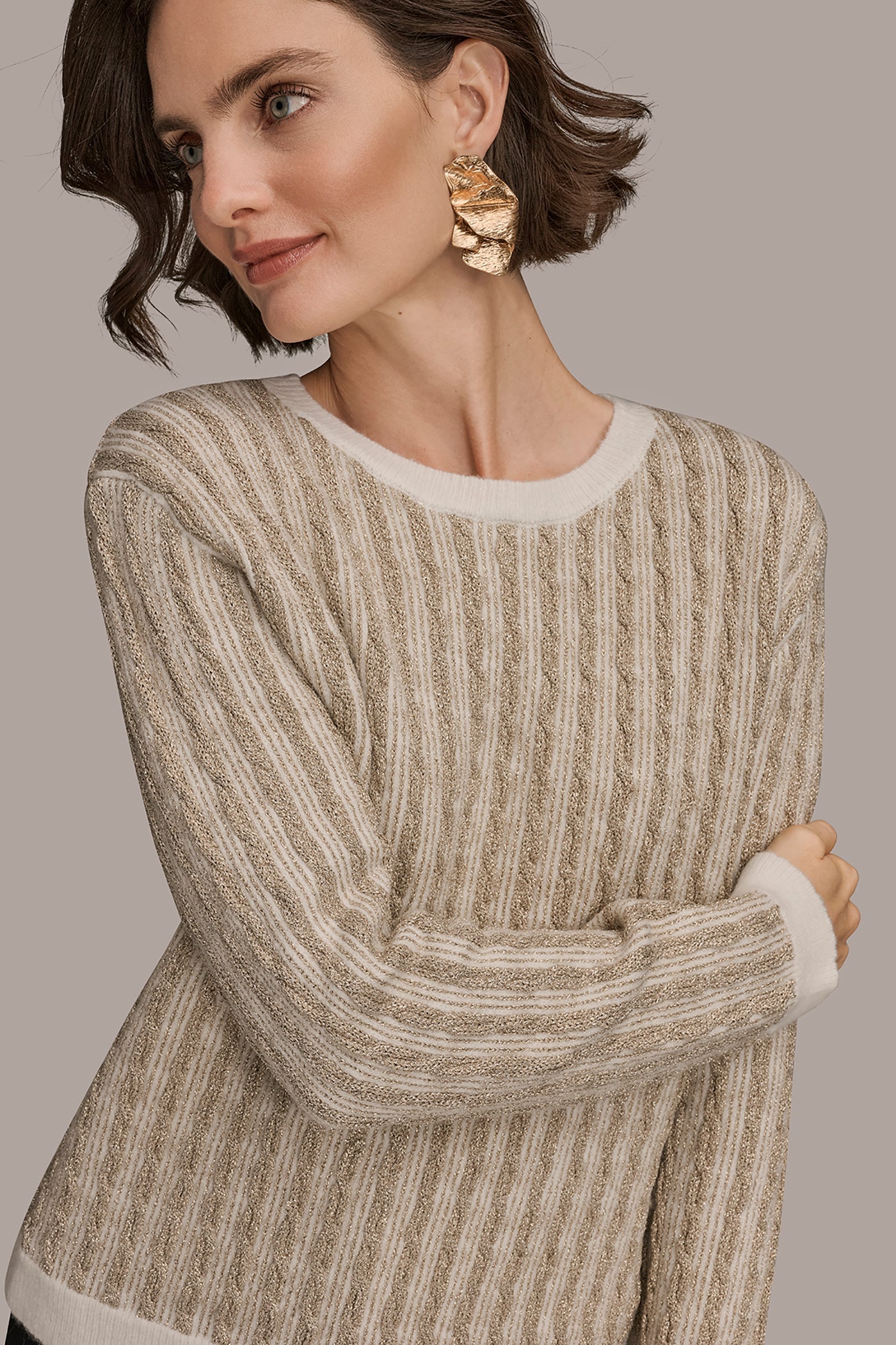 METALLIC TWO-TONE CABLE-KNIT SWEATER