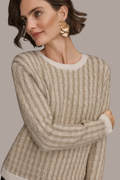 METALLIC TWO-TONE CABLE-KNIT SWEATER