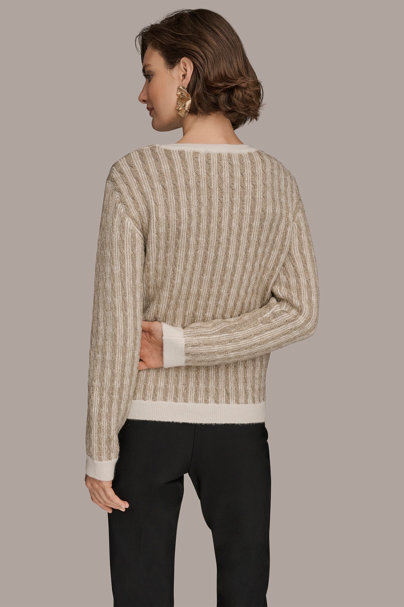 METALLIC TWO-TONE CABLE-KNIT SWEATER