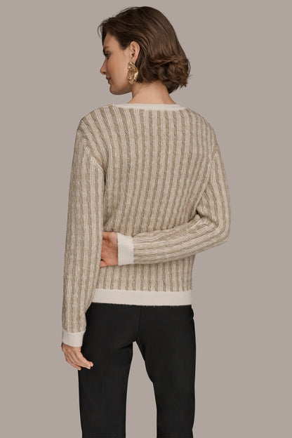 METALLIC TWO-TONE CABLE-KNIT SWEATER