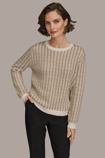METALLIC TWO-TONE CABLE-KNIT SWEATER