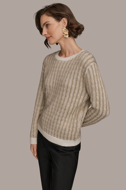 METALLIC TWO-TONE CABLE-KNIT SWEATER