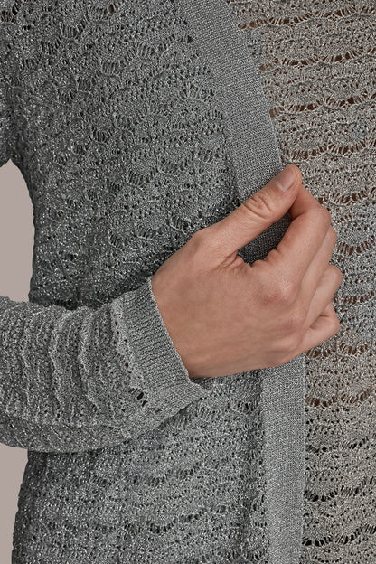METALLIC POINTELLE LONG OPEN CARDIGAN