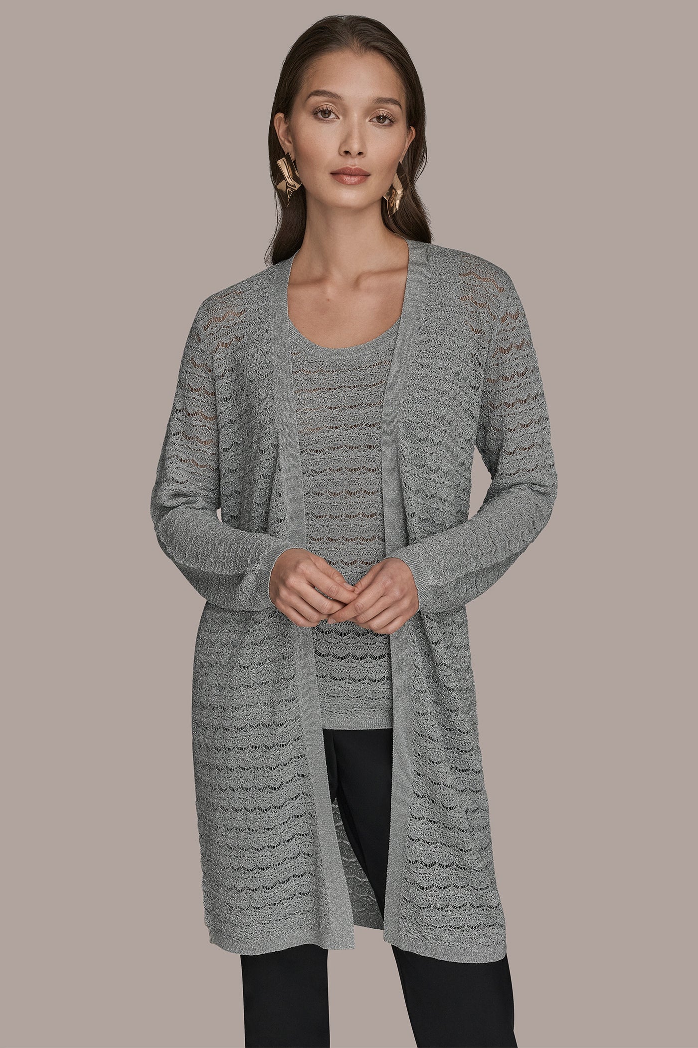 METALLIC POINTELLE LONG OPEN CARDIGAN