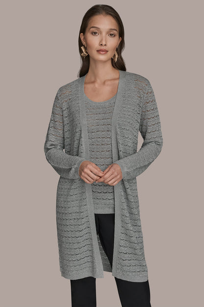 METALLIC POINTELLE LONG OPEN CARDIGAN