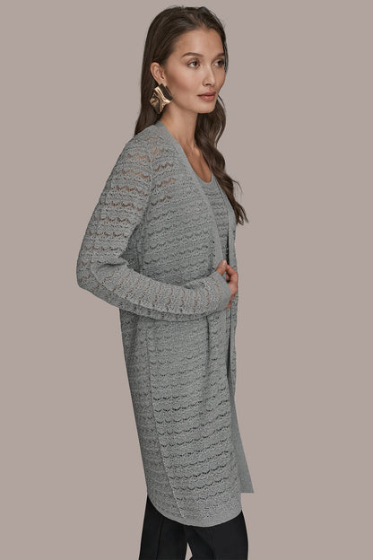 METALLIC POINTELLE LONG OPEN CARDIGAN