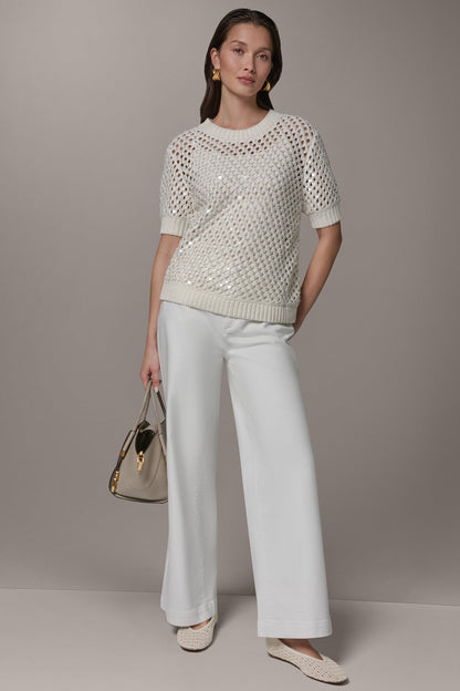 SHORT SLEEVE PEARL SEQUIN SWEATER