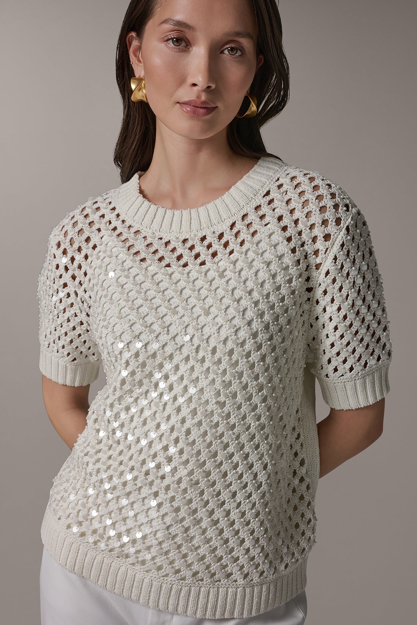 SHORT SLEEVE PEARL SEQUIN SWEATER