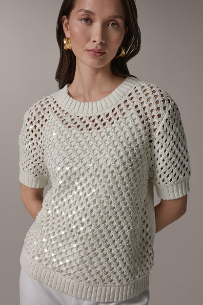 SHORT SLEEVE PEARL SEQUIN SWEATER