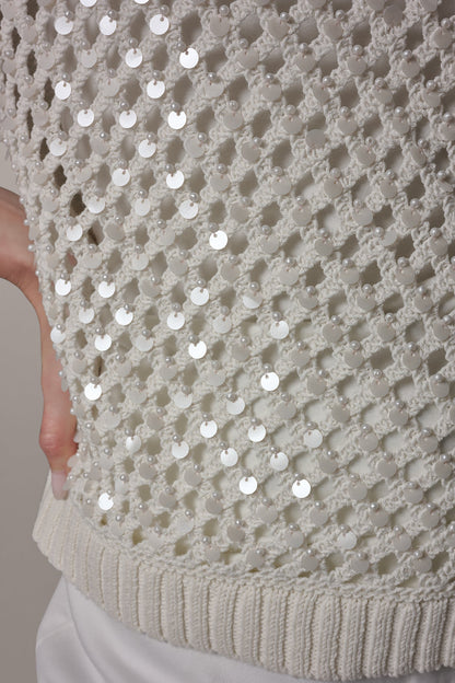 SHORT SLEEVE PEARL SEQUIN SWEATER