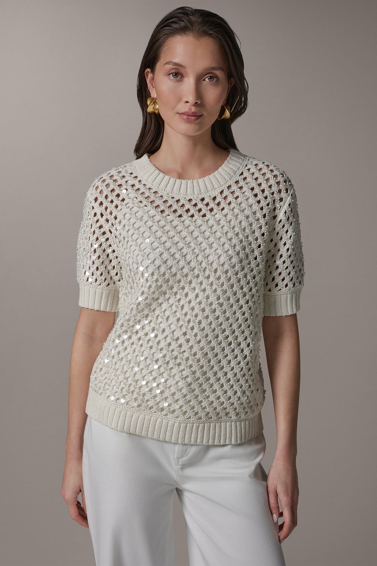 SHORT SLEEVE PEARL SEQUIN SWEATER