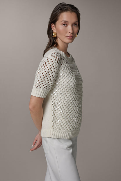 SHORT SLEEVE PEARL SEQUIN SWEATER