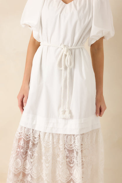 Je T'aime Toujours White Cotton & Gathered Lace Maxi Dress