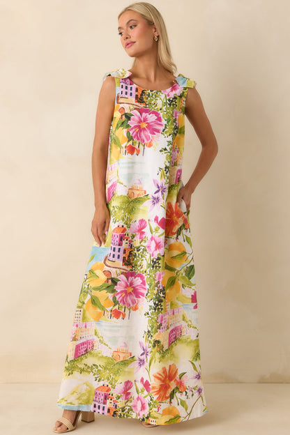 Prosperina Lucie Multi Linen Blend Scenic Coastal Print Maxi Dress