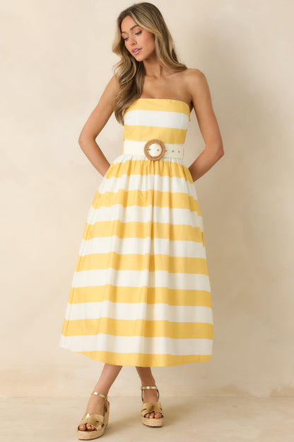 The Amanda Yellow & White Stripe Cotton Strapless Midi Dress