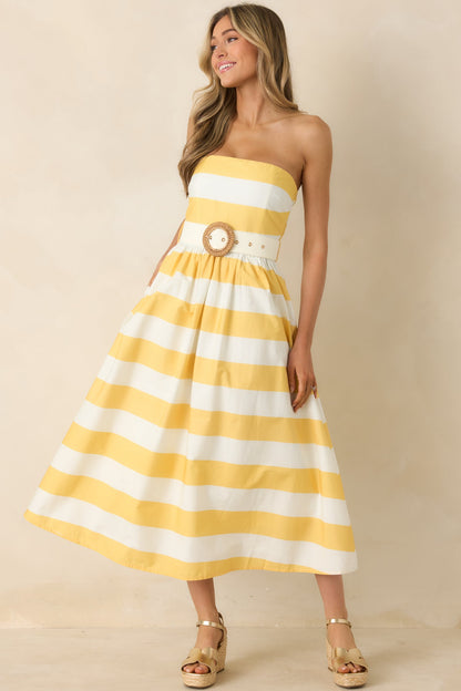 The Amanda Yellow & White Stripe Cotton Strapless Midi Dress
