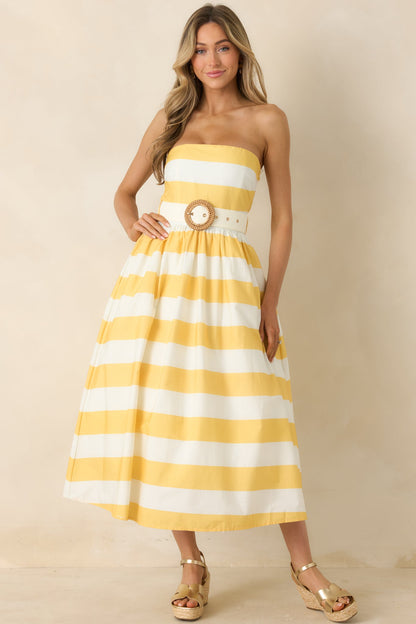 The Amanda Yellow & White Stripe Cotton Strapless Midi Dress