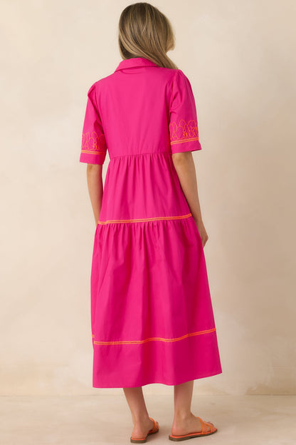 Island Glow Fuchsia Tropical Cotton Embroidered Tiered Midi Dress