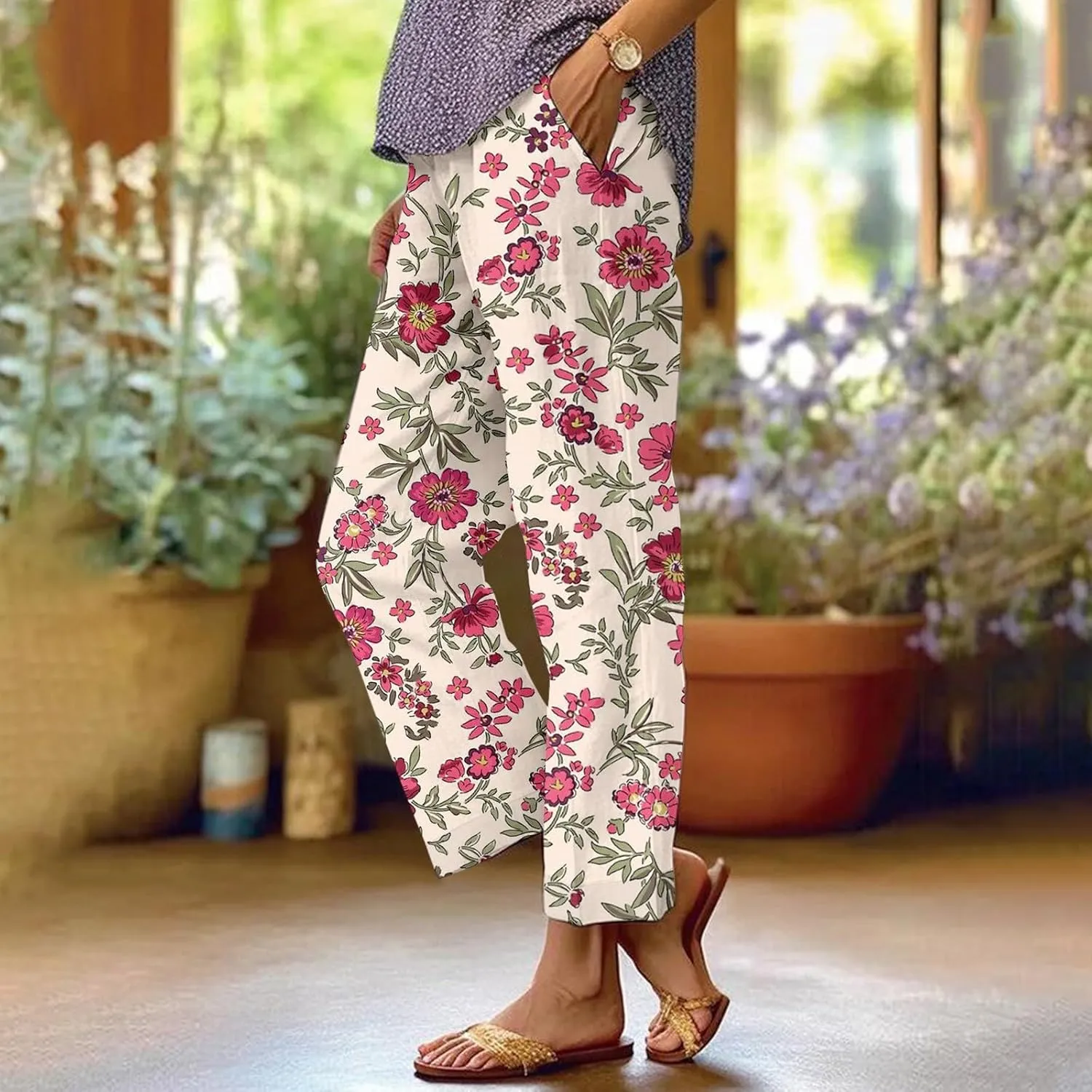 2025 Cotton Linen Pants for Women Summer Elastic Waist Cute Floral Print Straight Leg Slack Trousers with Pockets