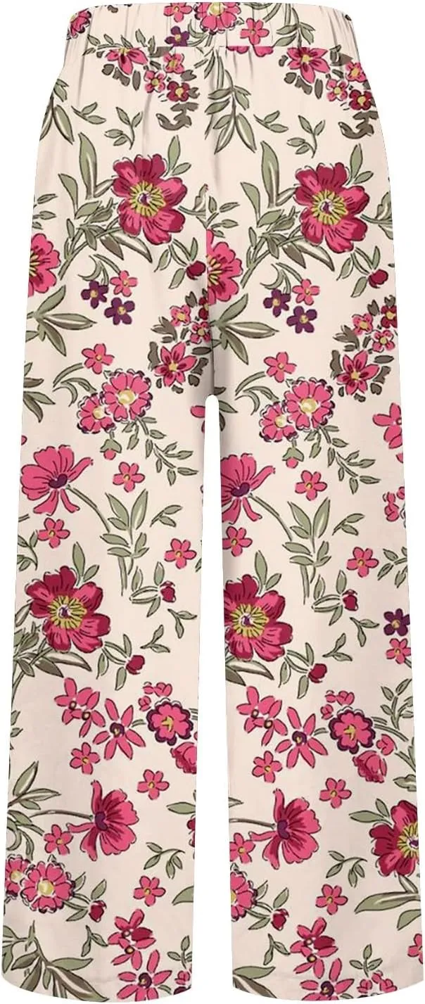 2025 Cotton Linen Pants for Women Summer Elastic Waist Cute Floral Print Straight Leg Slack Trousers with Pockets