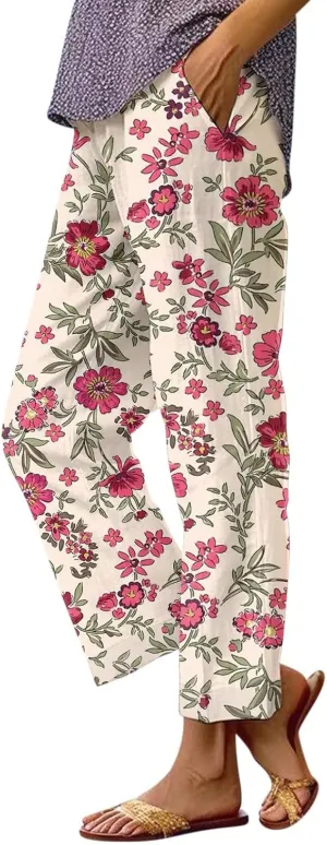 2025 Cotton Linen Pants for Women Summer Elastic Waist Cute Floral Print Straight Leg Slack Trousers with Pockets