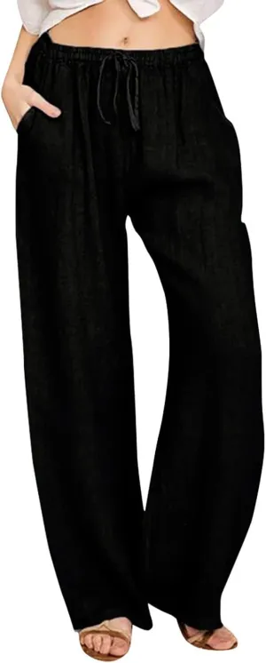 2025 Summer Linen Pants Women High Waisted Lightweight Casual Pants Solid Loose Straight Leg Trousers with Pockets
