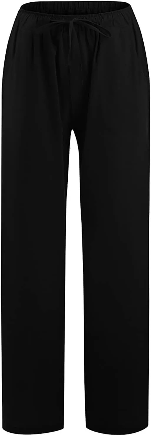 2025 Summer Linen Pants Women High Waisted Lightweight Casual Pants Solid Loose Straight Leg Trousers with Pockets