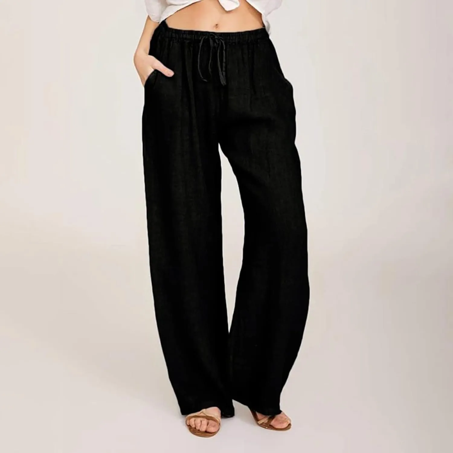 2025 Summer Linen Pants Women High Waisted Lightweight Casual Pants Solid Loose Straight Leg Trousers with Pockets