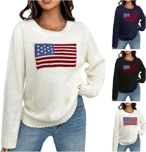 4th of July Outfits for Women American Flag Sweater Red White and Blue Usa Patriotic Long Sleeve Crewneck Sweatshirts