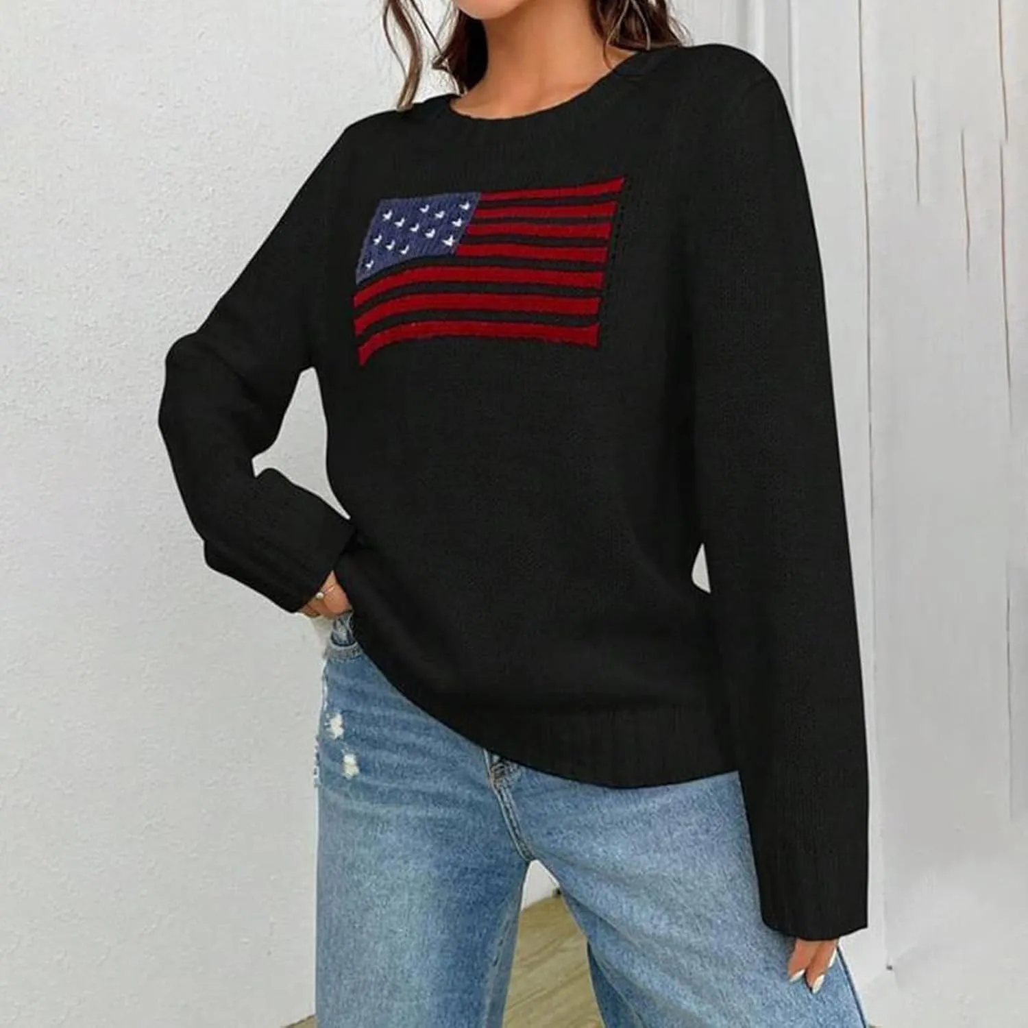 4th of July Outfits for Women American Flag Sweater Red White and Blue Usa Patriotic Long Sleeve Crewneck Sweatshirts