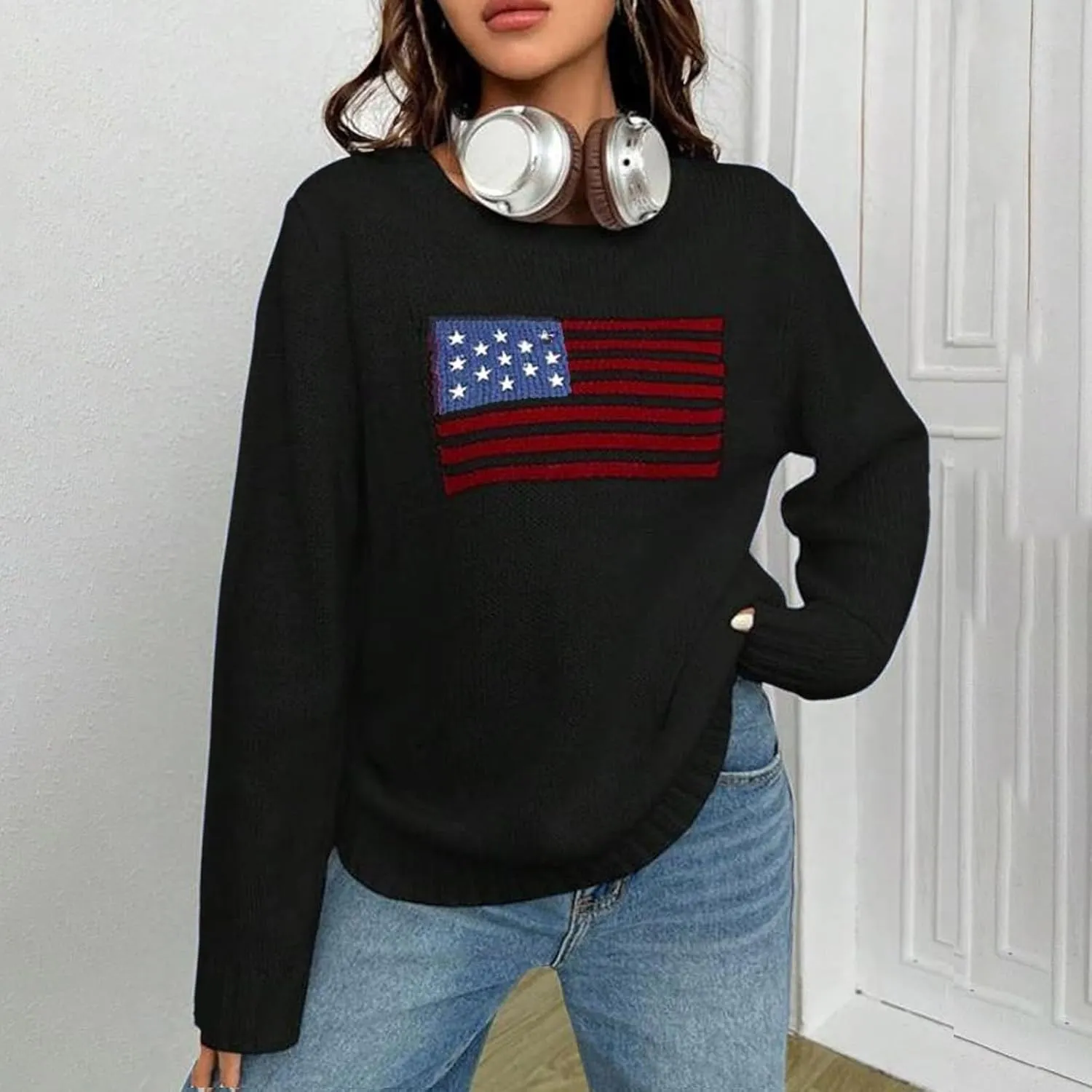 4th of July Outfits for Women American Flag Sweater Red White and Blue Usa Patriotic Long Sleeve Crewneck Sweatshirts