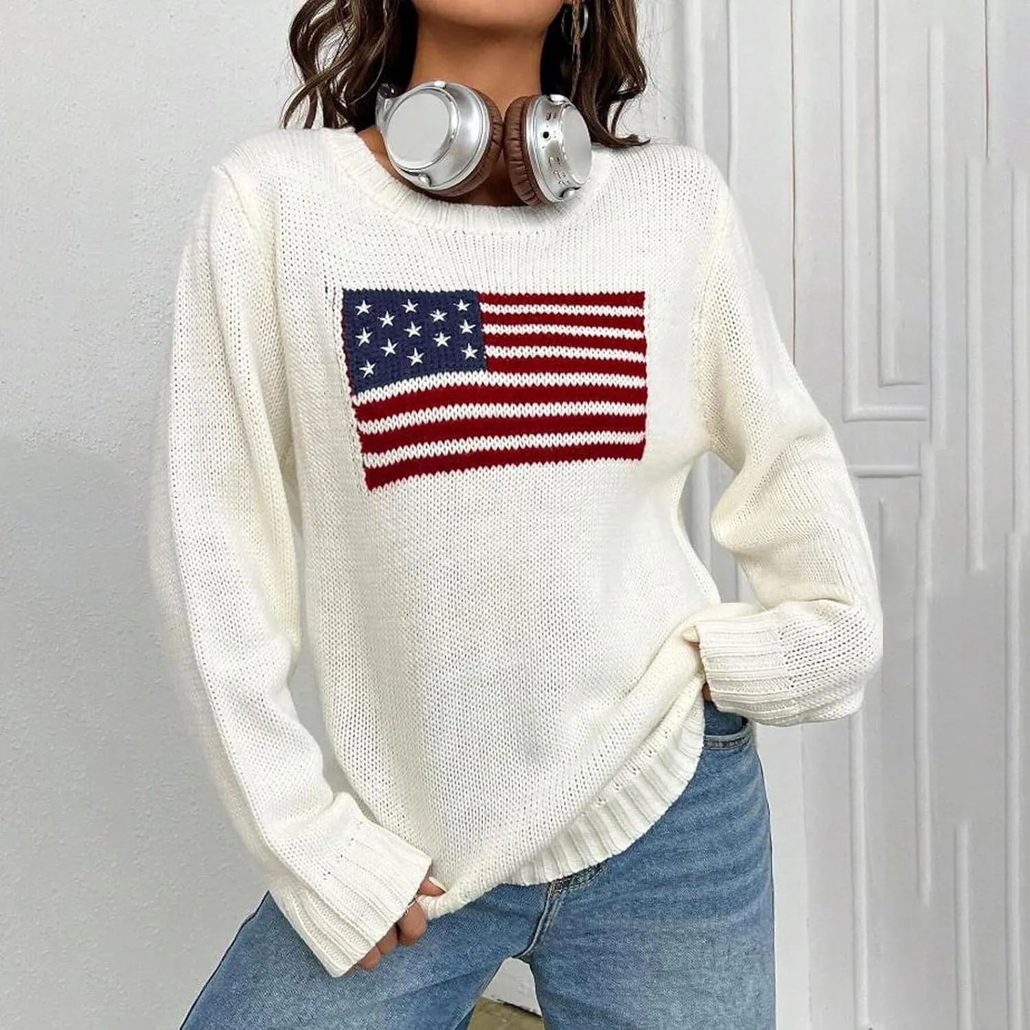 4th of July Outfits for Women American Flag Sweater Red White and Blue Usa Patriotic Long Sleeve Crewneck Sweatshirts