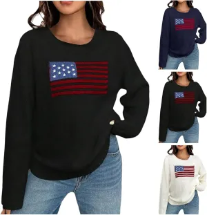 4th of July Outfits for Women American Flag Sweater Red White and Blue Usa Patriotic Long Sleeve Crewneck Sweatshirts
