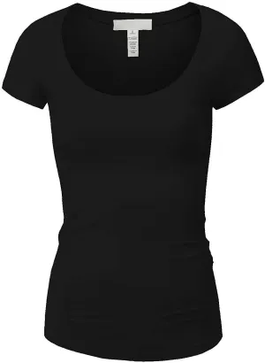 Active Basic Womens Plain Basic Deep Scoop Neck with Cap Short Sleeves