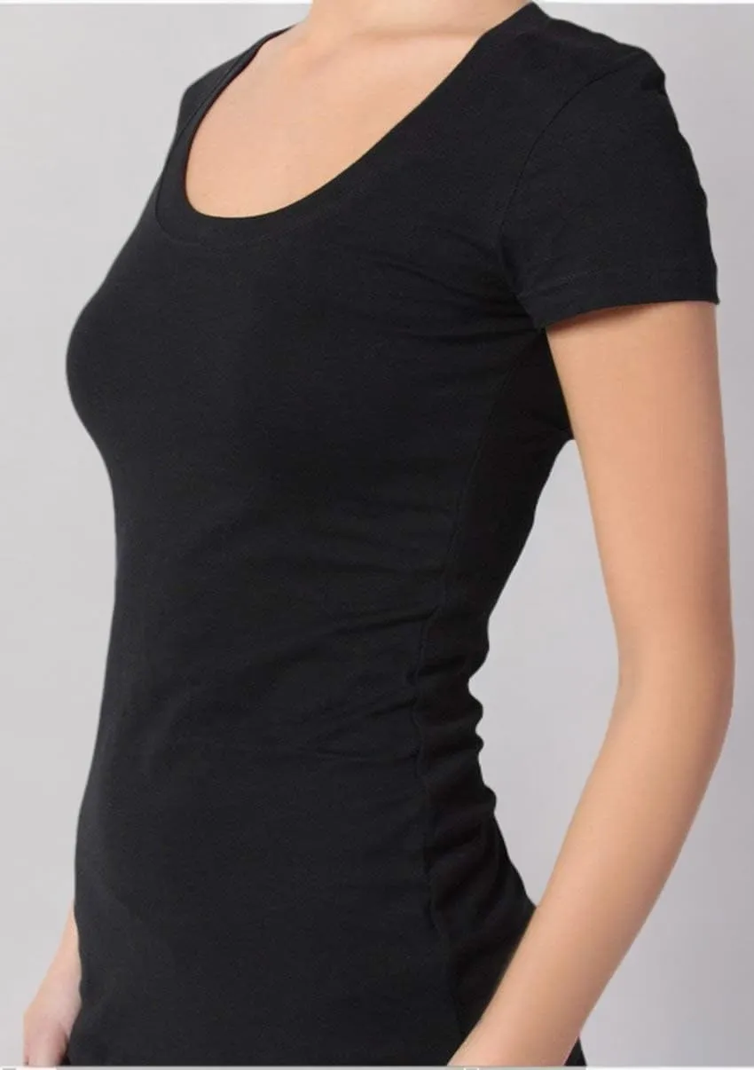 Active Basic Womens Plain Basic Deep Scoop Neck with Cap Short Sleeves