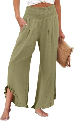 ADHOWBEW Linen Pants for Women Flowy Stretch Lounge Plus Size High Waisted Dressy Work Casual Cotton Ladies Pants