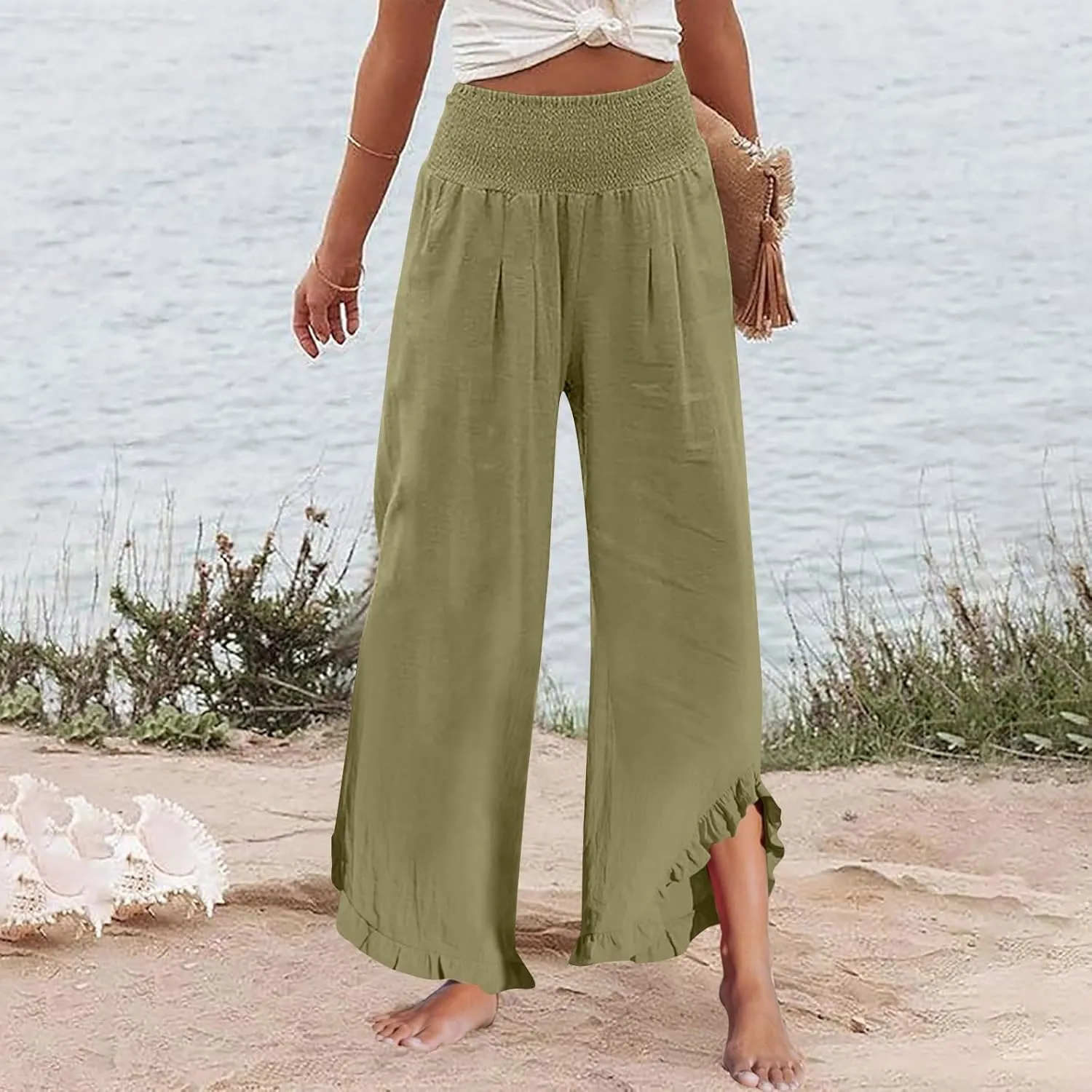 ADHOWBEW Linen Pants for Women Flowy Stretch Lounge Plus Size High Waisted Dressy Work Casual Cotton Ladies Pants