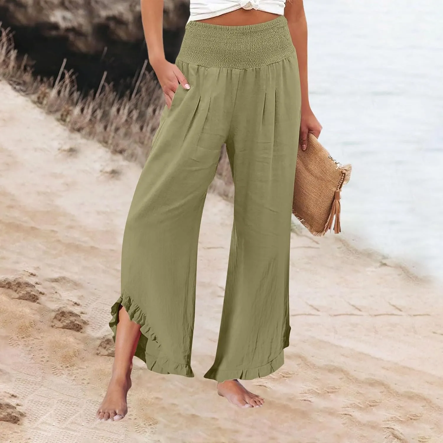 ADHOWBEW Linen Pants for Women Flowy Stretch Lounge Plus Size High Waisted Dressy Work Casual Cotton Ladies Pants