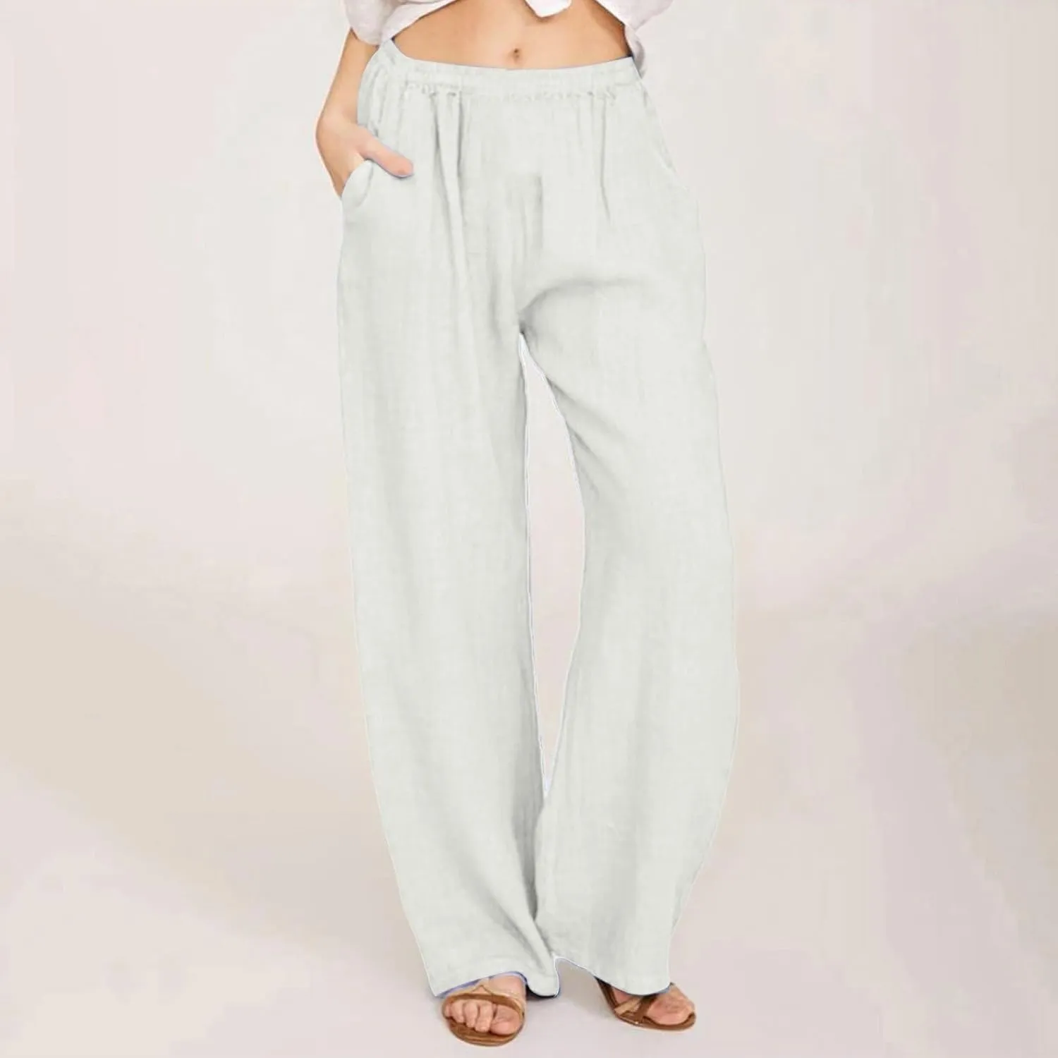 ADHOWBEW Linen Pants Women Casual Plus Size Stretch Petite Dressy Cotton Flowy High Waisted Work Lounge Dress Pants